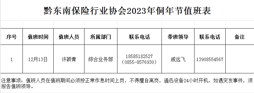 黔东南州保险行业协会侗年值班安排
